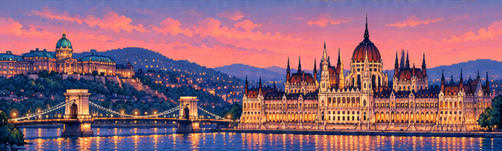 Bức tranh pixel art phong cảnh Budapest trên toa tàu Slow Rail