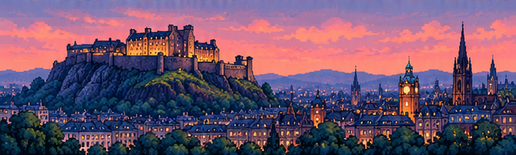 Bức tranh pixel art phong cảnh Edinburgh trên toa tàu Slow Rail