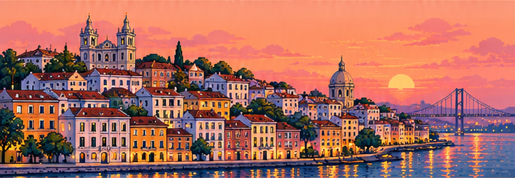 Bức tranh pixel art phong cảnh Lisbon trên toa tàu Slow Rail