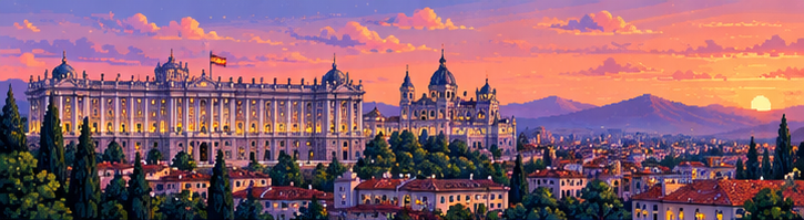 Bức tranh pixel art phong cảnh Madrid trên toa tàu Slow Rail