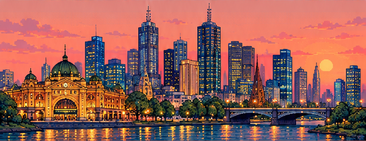 Bức tranh pixel art phong cảnh Melbourne trên toa tàu Slow Rail