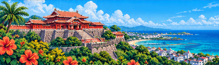 Bức tranh pixel art phong cảnh Okinawa trên toa tàu Slow Rail