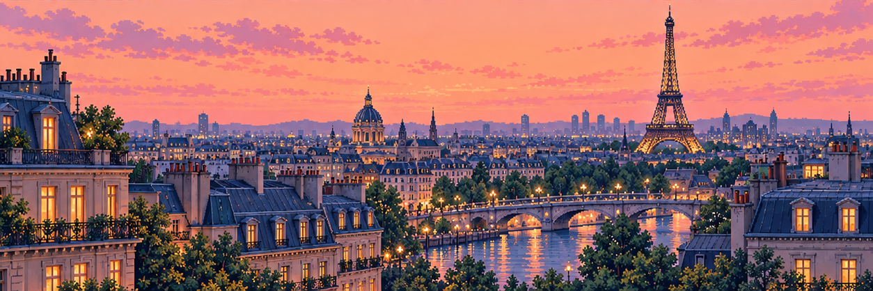 Bức tranh pixel art phong cảnh Paris trên toa tàu Slow Rail