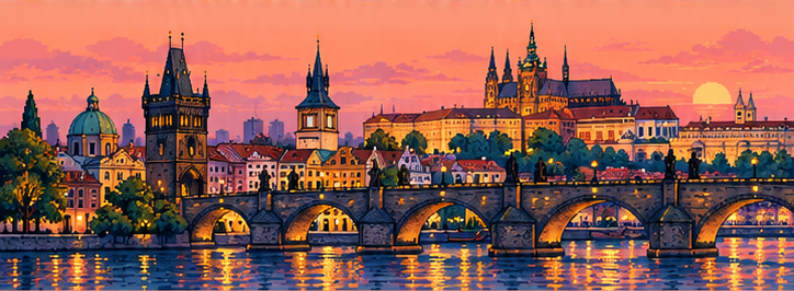 Bức tranh pixel art phong cảnh Prague trên toa tàu Slow Rail