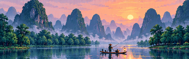 Bức tranh pixel art phong cảnh Quế Lâm trên toa tàu Slow Rail