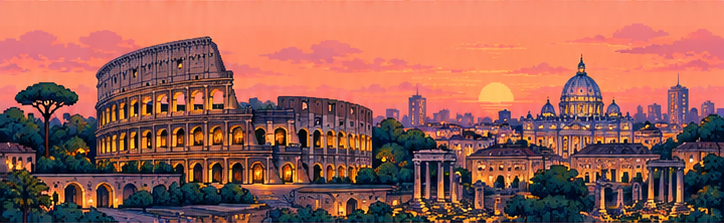 Bức tranh pixel art phong cảnh Rome trên toa tàu Slow Rail