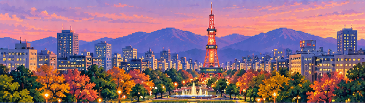 Bức tranh pixel art phong cảnh Sapporo trên toa tàu Slow Rail