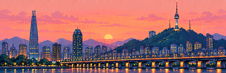 Bức tranh pixel art phong cảnh Seoul trên toa tàu Slow Rail
