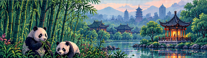 Bức tranh pixel art phong cảnh Thành Đô trên toa tàu Slow Rail